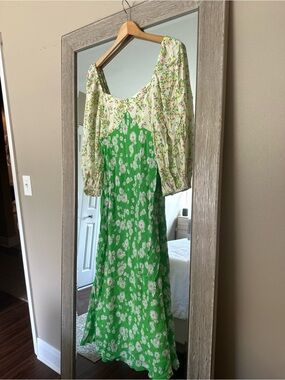 Rixo x Target Green Floral Slip Midi Dress 3/4 Puff Sleeve NWT Size 4 Small